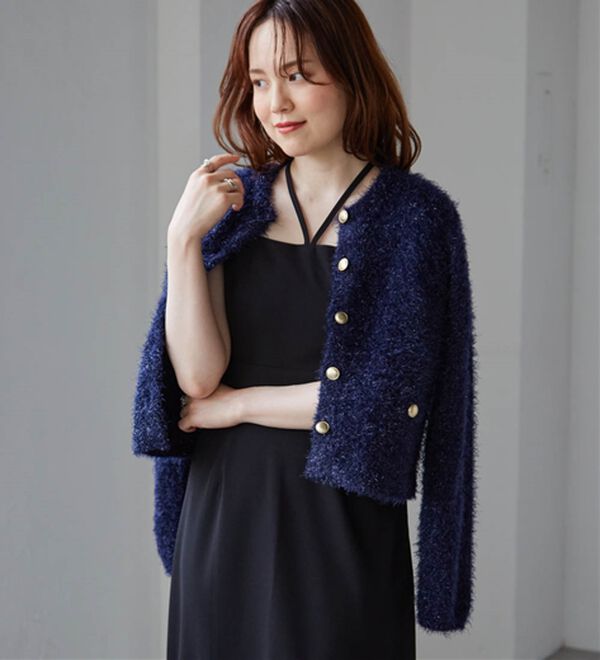 RANAN（ラナン）の「ゴールド調ボタンラメシャギーカーディガン（ニットカーディガン）」｜ネイビー