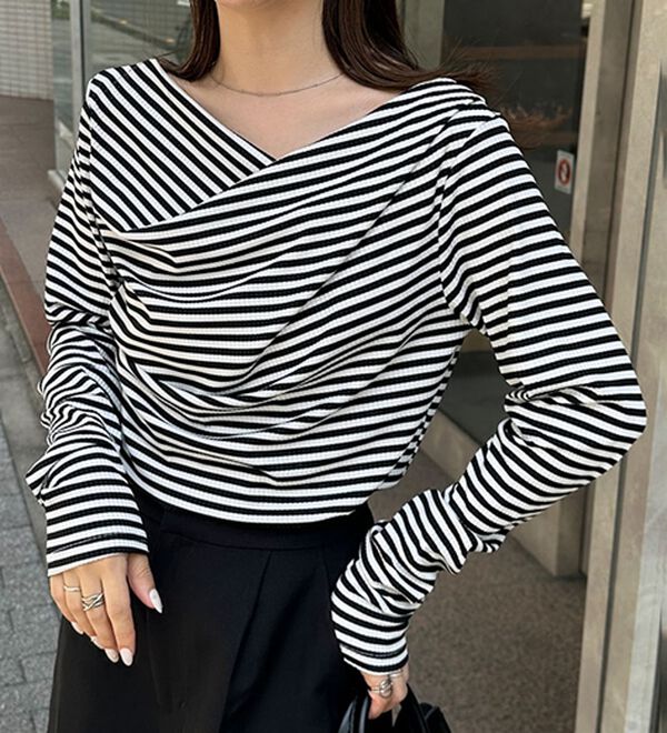 RANAN（ラナン）の「【春色追加】上品ドレープリブロングＴシャツ（カットソー）」｜ボーダー