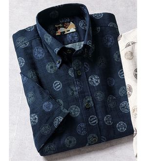 「国産　粋な大人の京染和柄シャツ（メンズシャツ）」｜ネイビー・吉祥文様＆江戸紋様