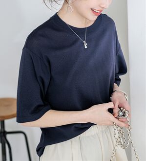 BELLUNA（ベルーナ）の「【快適Ｌａｂ．】肌に張り付かない！シャリ冷や高見えニットＴ（ニット・セーター）」｜ネイビー