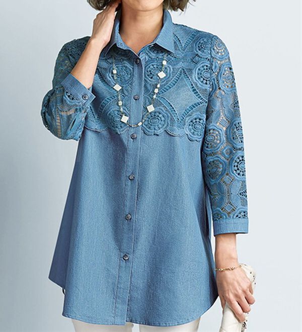 BELLUNA（ベルーナ）の「レース切替デニム調素材ブラウス（ブラウス）」｜詳細画像