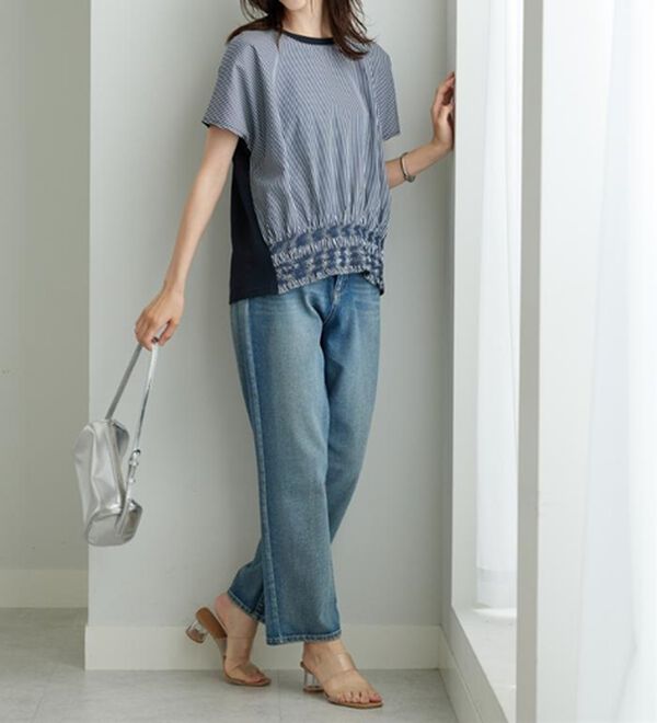 BELLUNA（ベルーナ）の「【ひんやり接触冷感】シャーリング使い異素材切替プルオーバー（カットソー）」｜詳細画像