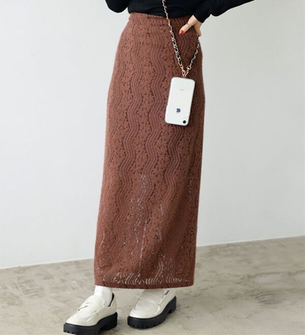 GeeRA（ジーラ）の「起毛レースタイトスカート（ロングスカート）」｜ブラウン