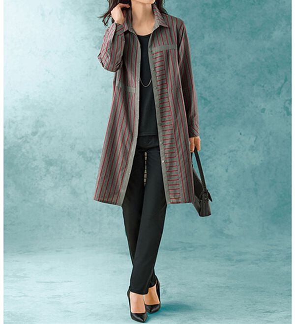 BELLUNA（ベルーナ）の「ランダムストライプ切替フレアーチュニック（チュニック）」｜詳細画像