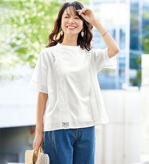 BELLUNA（ベルーナ）の「【肌に優しい】綿１００％上品レース切替褒められブラウス（ブラウス）」｜ホワイト