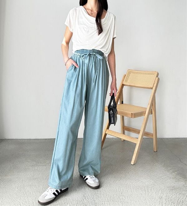 GeeRA（ジーラ）の「【接触冷感】穿いて感激！キレイ見えする楽ちんワイドデニムパンツ（ワイドパンツ・ガウチョ）」｜詳細画像