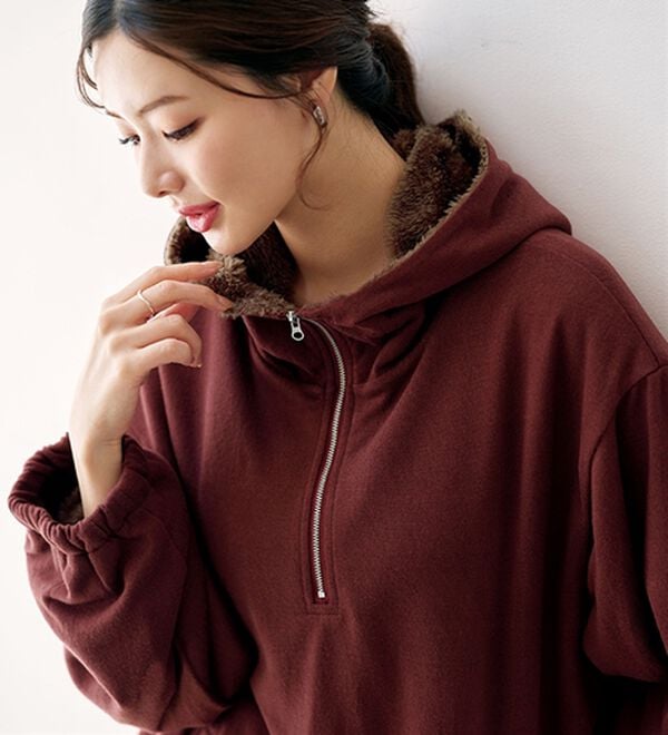 BELLUNA（ベルーナ）の「【暖炉】着るだけあったか！裏ボアハーフジップパーカー（トレーナー・スウェット）」｜詳細画像