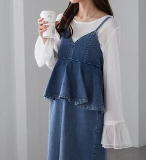 RANAN（ラナン）の「デニムペプラムキャミワンピース（ロングワンピース）」｜ブルー