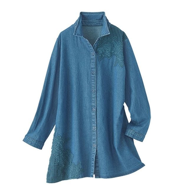 BELLUNA（ベルーナ）の「花柄レース切替デニム素材ブラウス（チュニック）」｜詳細画像