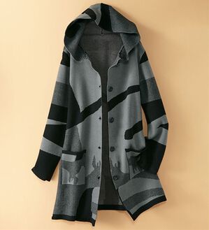 BELLUNA（ベルーナ）の「フードデザインニットジャカードコーディガン（ニットカーディガン）」｜グレー／ブラック