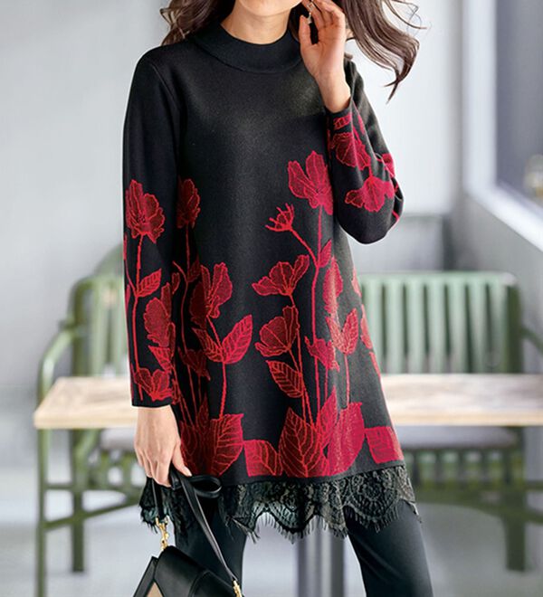 BELLUNA（ベルーナ）の「上品な花が咲く裾レースニットチュニック（チュニック）」｜詳細画像