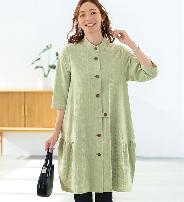 体型隠してモダンに着こなすストライプ切替コクーンチュニック