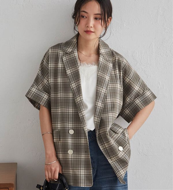 RANAN（ラナン）の「【新色追加】麻調ダブルボタンハーフスリーブジャケット（テーラードジャケット）」｜カーキチェック