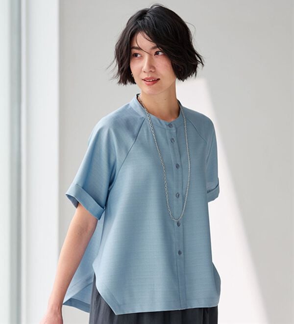 BELLUNA（ベルーナ）の「華奢見せ！麻調素材ラグラン切替ブラウス（ブラウス）」｜サックス