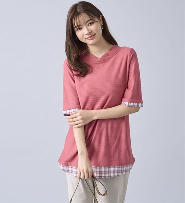 BELLUNA（ベルーナ）の「ひんやり冷感！タックジャカード素材重ね着風プルオーバー（カットソー）」｜詳細画像