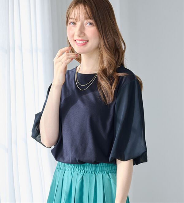 alotta（アロッタ）の「袖異素材バルーンＴシャツ（カットソー）」｜ネイビー