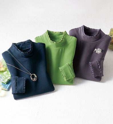 「【３色組】レースフリルハイネック暖かプルオーバー（カットソー）」