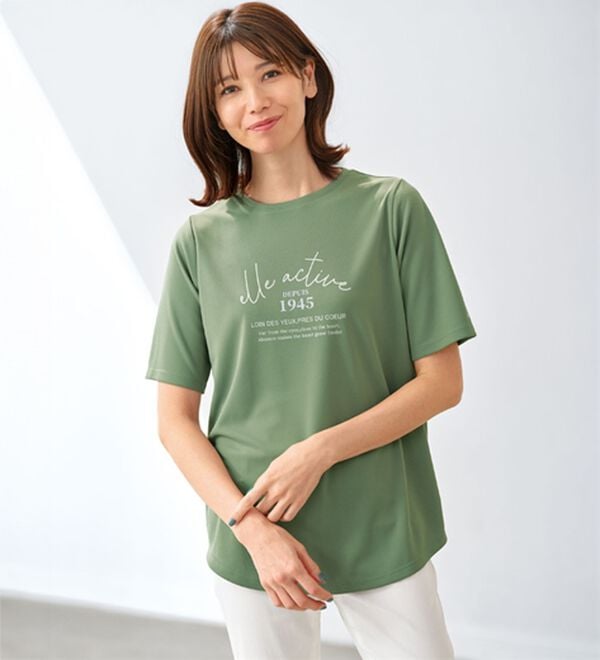 BELLUNA（ベルーナ）の「＜ＥＬＬＥ　Ａｃｔｉｖｅ＞裏メッシュ裾ラウンドチュニック（カットソー）」｜オリーブ
