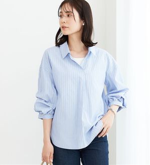 BELLUNA（ベルーナ）の「【新色追加】袖タックデザインスキッパーシャツ（シャツ）」｜ブルーストライプ