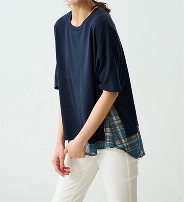 RANAN（ラナン）の「チェック柄異素材使いTシャツ（チュニック）」｜詳細画像