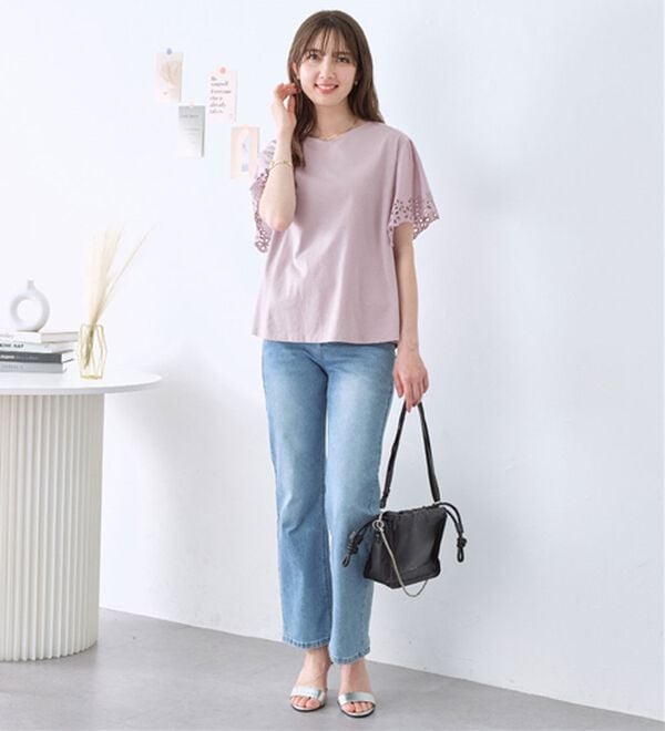 alotta（アロッタ）の「【接触冷感】綿１００％袖レースプルオーバー　さらひやりコットン【イエべ・ブルべ】（カットソー）」｜詳細画像