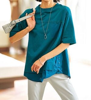 BELLUNA（ベルーナ）の「異素材切替裾ボタンデザインプルオーバー（カットソー）」｜ターコイズ