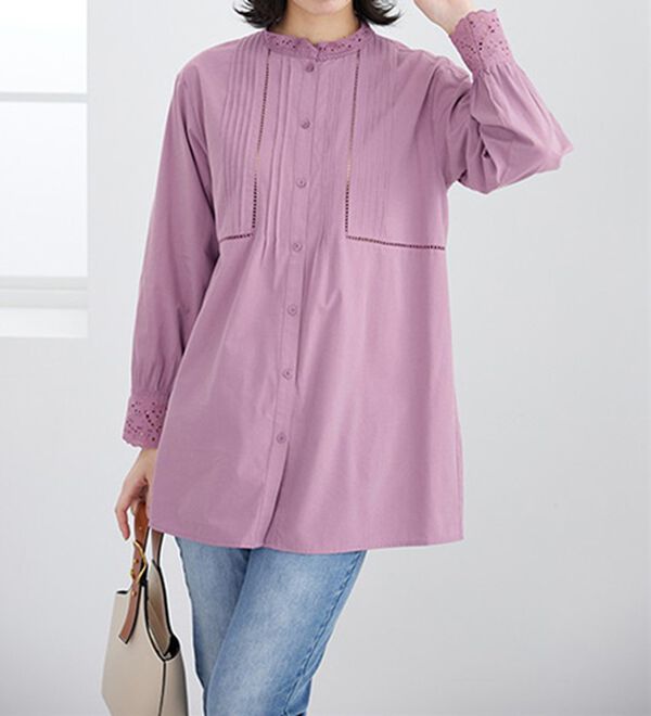 BELLUNA（ベルーナ）の「上品に着映える！衿＆袖レース切替シャツチュニック（チュニック）」｜詳細画像