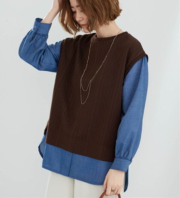 BELLUNA（ベルーナ）の「重ね着風ケーブル&times;デニム切替チュニック（チュニック）」｜詳細画像