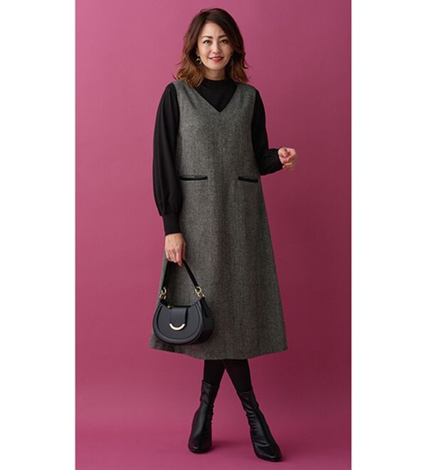 BELLUNA（ベルーナ）の「ツイード素材合皮使いジャンパードレス（ジャンパースカート）」｜詳細画像