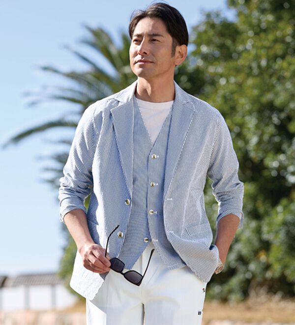 「さらっと快適！麻入りシアサッカージャケット（メンズニット・セーター）」｜詳細画像