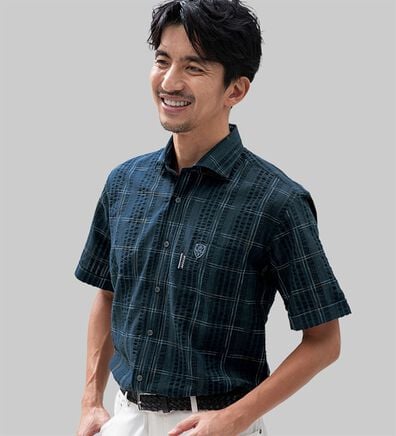 「ダンロップ・リファインド　こだわりの絣（かすり）チェック涼感シャツ（メンズシャツ）」