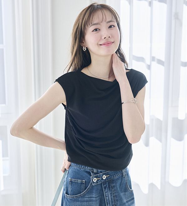 RANAN（ラナン）の「タックドレープフレンチスリーブＴ（Tシャツ）」｜ブラック