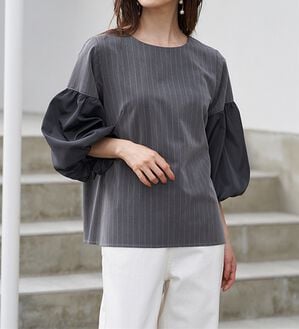 RANAN（ラナン）の「異素材使いピンストライプブラウス（ブラウス）」｜グレーストライプ