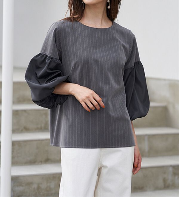 RANAN（ラナン）の「異素材使いピンストライプブラウス（ブラウス）」｜グレーストライプ