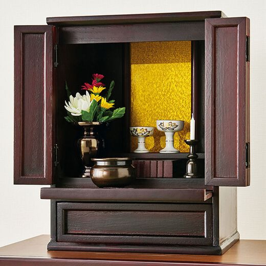 天然木 仏壇/仏具 〔ライトブラウン〕 約幅30×奥行25×高39.7cm 引き出し付き コンパクト仕様 完成品 〔仏間〕 天然木 仏壇⁄仏具 〔ライトブラウン〕 約幅30×奥行25×高