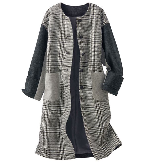 BELLUNA（ベルーナ）の「ウール混先染チェック切替デザインコート（ロングコート）」｜詳細画像