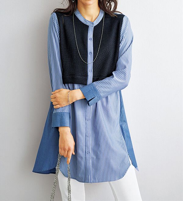 BELLUNA（ベルーナ）の「ストライプ×異素材切替シャツチュニック（チュニック）」｜詳細画像