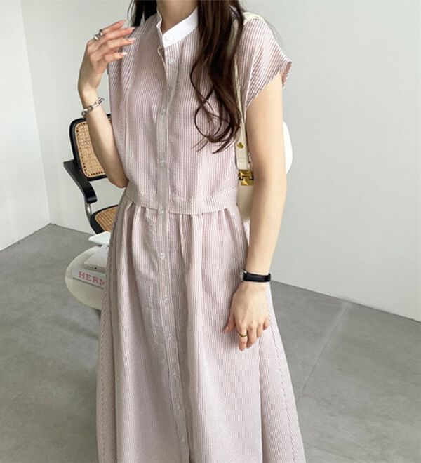 GeeRA（ジーラ）の「クレリック配色ウエストギャザーシャツワンピ―ス（シャツワンピース）」｜ベージュ