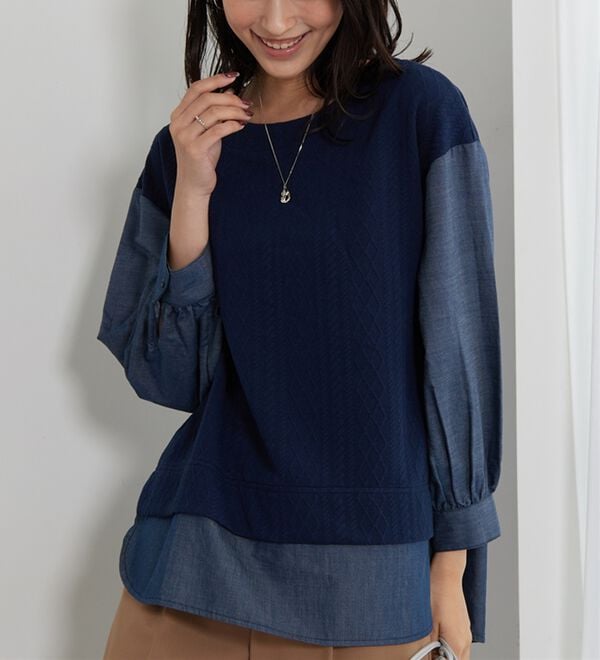 BELLUNA（ベルーナ）の「ケーブル&times;デニム切替チュニック（チュニック）」｜詳細画像