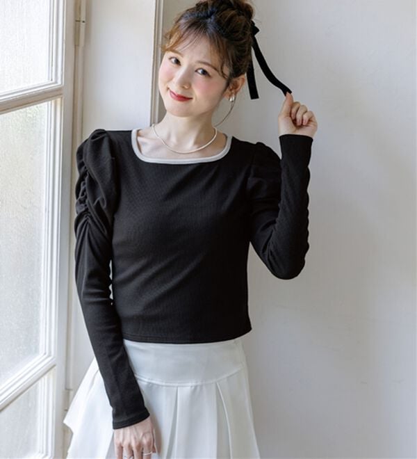 alotta（アロッタ）の「【Corie】配色パワショルリブトップス（カットソー）」｜詳細画像