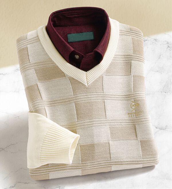 「＜ダンロップ・リファインド＞日本製ブロック柄Ｖセーター（メンズニット・セーター）」｜オフホワイト