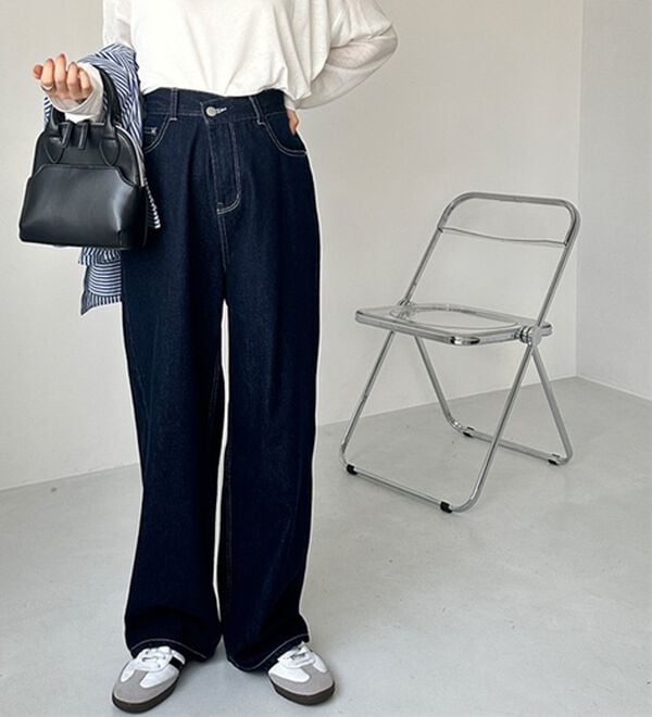 美脚見え！2ボタンウエストワイドデニムパンツ - ベルーナ【公式】