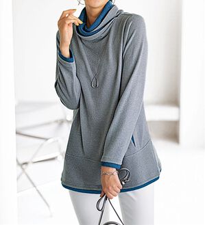 BELLUNA（ベルーナ）の「衿デザイン配色チュニック（チュニック）」｜杢グレー／ブルー