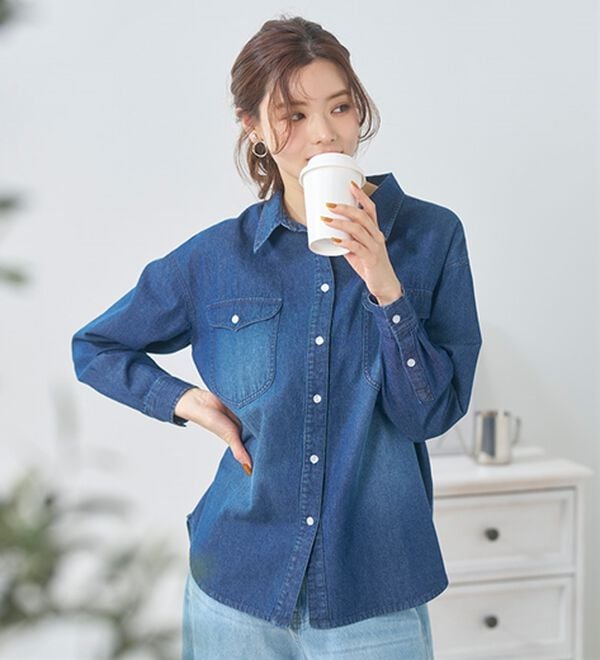 BELLUNA（ベルーナ）の「綿１００％ブラスト加工デニムシャツ（シャツ）」｜詳細画像