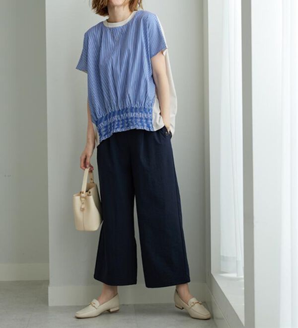 BELLUNA（ベルーナ）の「【ひんやり接触冷感】シャーリング使い異素材切替プルオーバー（カットソー）」｜詳細画像