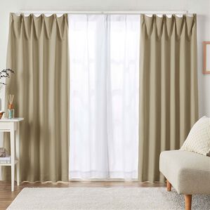 iellio（イエリオ）の「１・２級遮光＆断熱保温＆ＵＶ見えにくいレース付カーテンセット＜４枚組・遮光１級・洗える・無地＞（ドレープカーテン）」｜サンドベージュ（Ｌｕｎｅ）