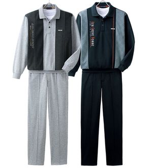 「【２着組】異素材切替ポロ衿ホームスーツ（メンズルームウェア）」｜2着組
