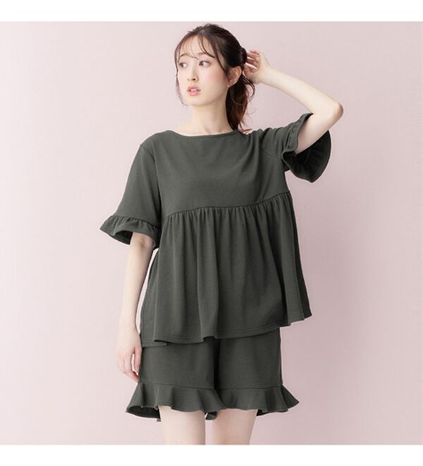 alotta（アロッタ）の「【選べる！】やわらかパイルルームウェア＜ギャザー切替トップス・裾フリルロングパンツ・裾フリルショートパンツ＞（フルレングスパンツ）」｜詳細画像