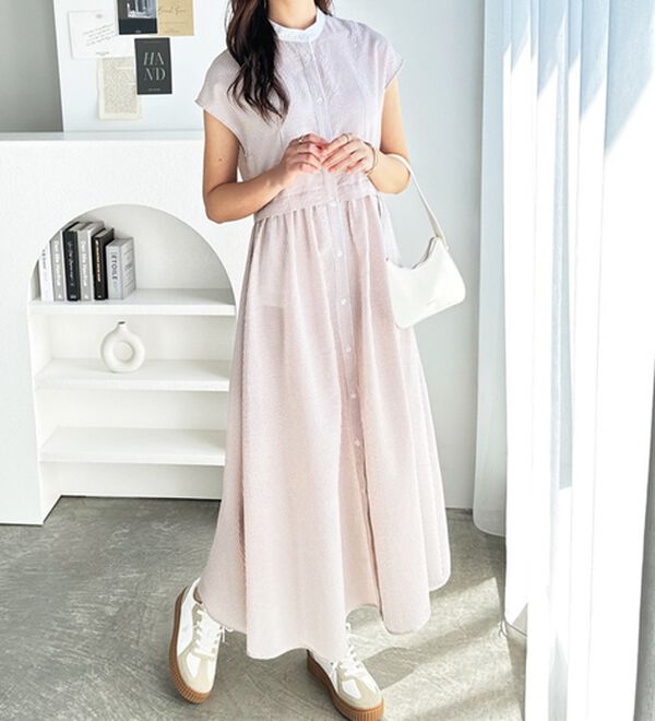 GeeRA（ジーラ）の「クレリック配色ウエストギャザーシャツワンピ―ス（シャツワンピース）」｜詳細画像