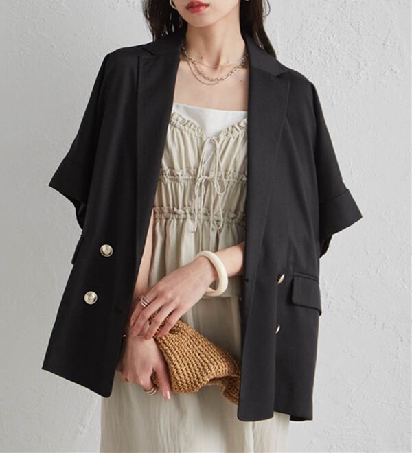 RANAN（ラナン）の「【新色追加】麻調ダブルボタンハーフスリーブジャケット（テーラードジャケット）」｜ブラック